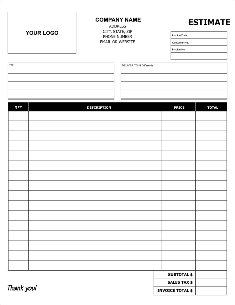 10 Best Free Printable Estimate Templates Blank